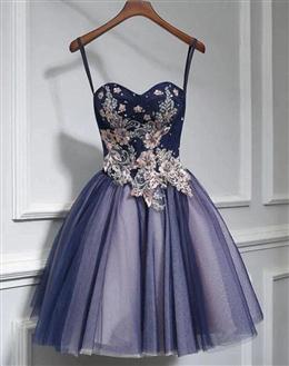 Picture of Lovely Purple-Blue Knee Length Flowers Sweetheart Homecoming Dresses, Short Prom Dresses